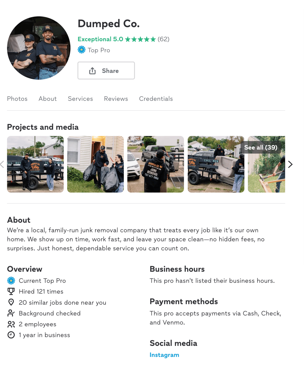 Dumped Co. Thumbtack profile. Exceptional 5.0, Top Pro